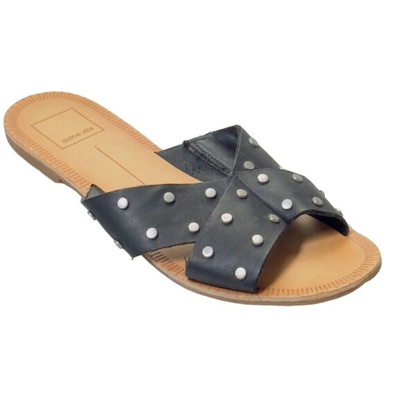 DOLCE VITA Women's Cary Black Studded Leather Cross Strap Sandals Flats Size 7M - Picture 1 of 10
